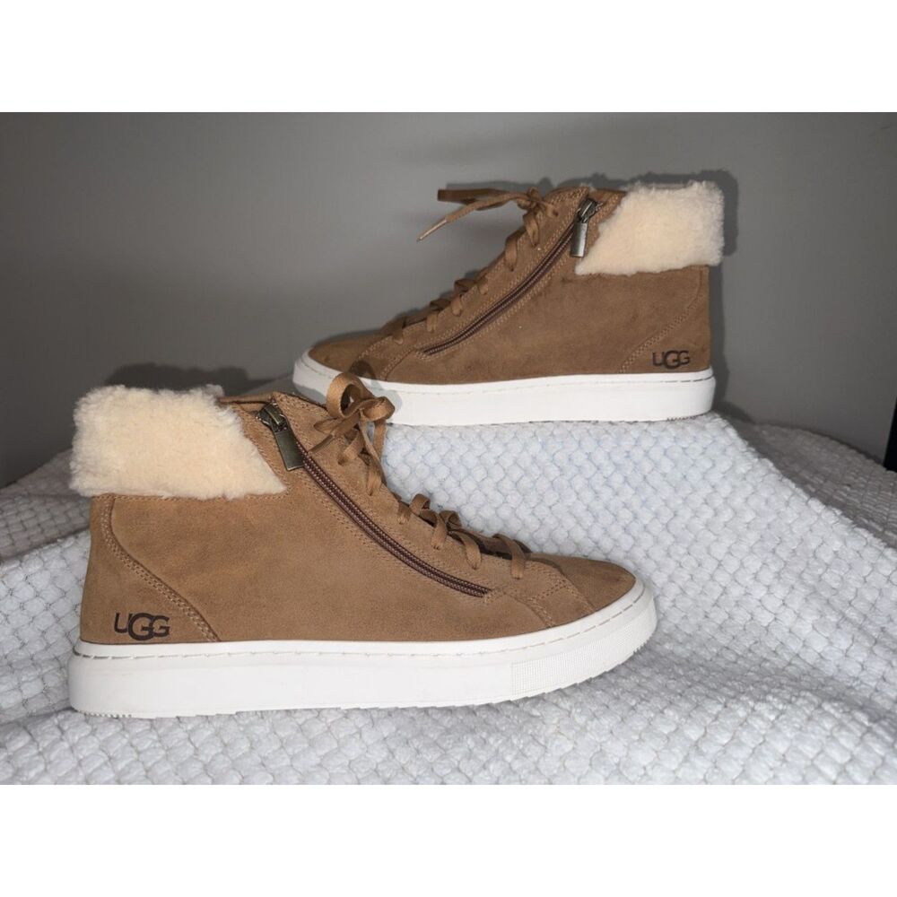 Ugg Alameda Mid Zip Ankle Sneakers Women's Tan Faux Suede and Fur US Size 10